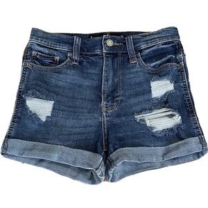 ❤️ HOLLISTER High-Rise Ripped Dark-Wash 3” Denim Short w/ Double Roll Cuff, Sz 0